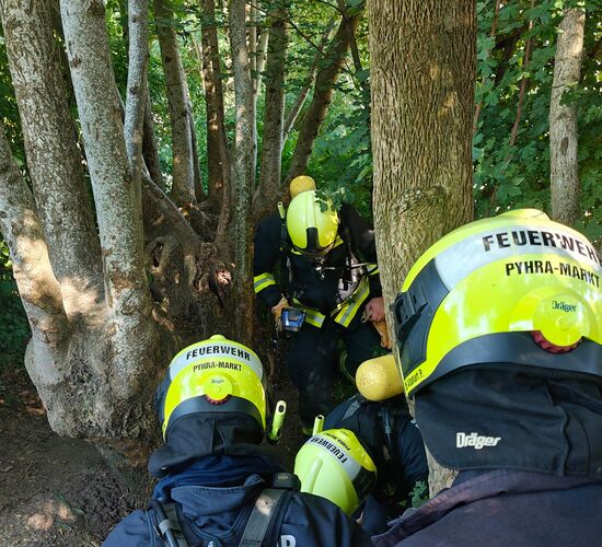 Ein Feuerwehrmann mit Atemschutzgerät arbeitet am Wurzelstock, ein weiterer hält die Wärmebildkamera bereit